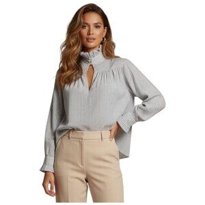 Etro Striped Button Front Blouse Grey White Ruffle Collar L